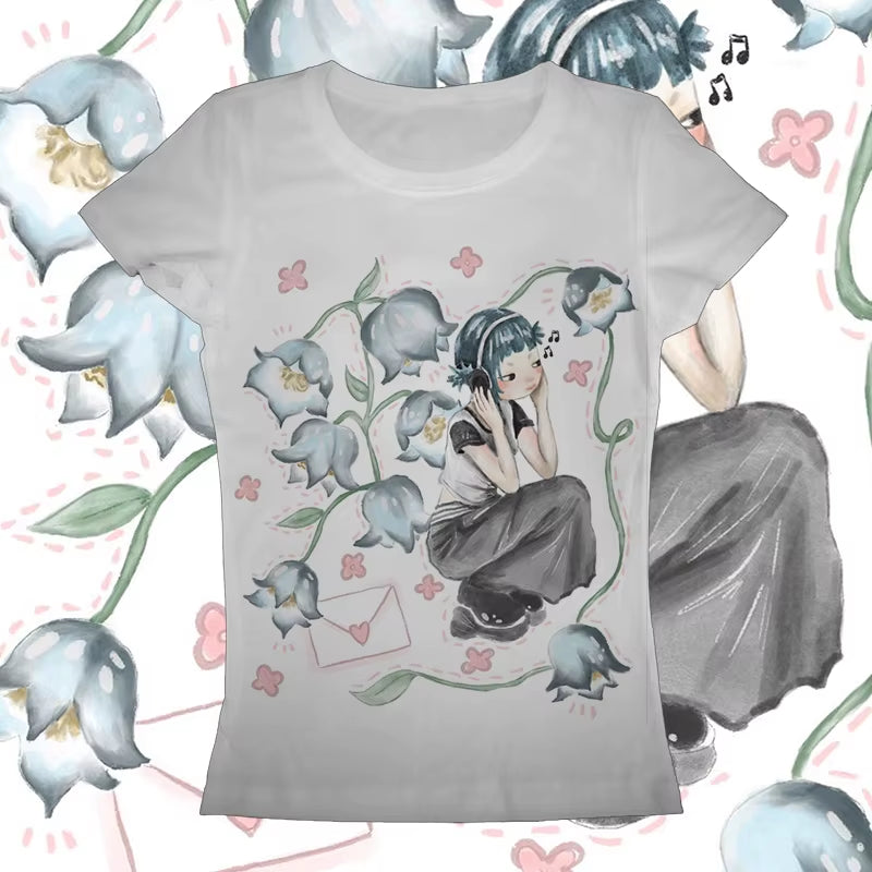 Y2K Korean Popular Clothes Emo Aesthetic Summer Baby Tee Streetwear Gothic Harajuku Graphic Print T-Shirt Women Vintage Crop Top