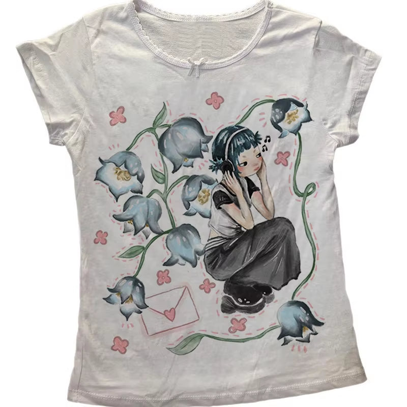 Y2K Korean Popular Clothes Emo Aesthetic Summer Baby Tee Streetwear Gothic Harajuku Graphic Print T-Shirt Women Vintage Crop Top