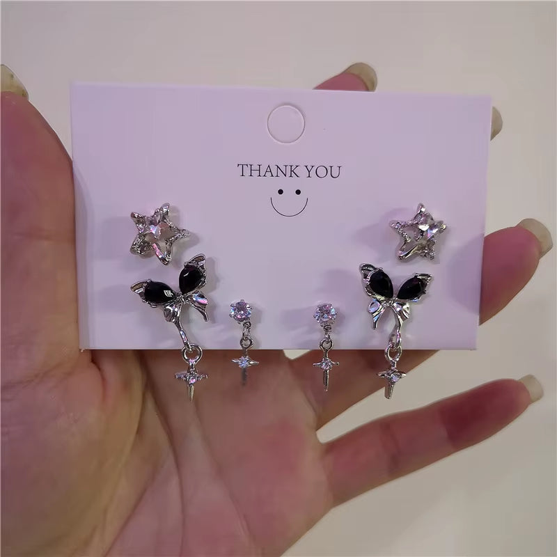 6PCS Goth Harajuku Vintage Aesthetic Black Butterfly Crystal Star Earrings Set for Women Party Y2K 90S EMO Jewelry Accessories